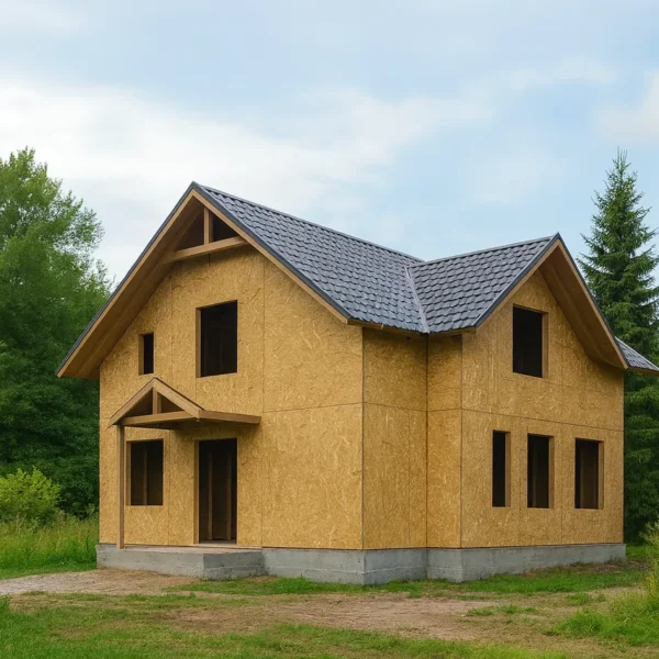 Дом «Б-180», 180 м², 1.5 этажа, в черновой отделке: коробка из СИП-панелей OSB-3, двускатная кровля из металлочерепицы, проёмы без окон и дверей, в проёмах видны сосновые балки перекрытия