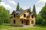 Дом «Б-183», 183 м², 1.5 этажа, в черновой отделке: коробка из СИП-панелей OSB-3, двускатная кровля из металлочерепицы, проёмы без окон и дверей, в проёмах видны сосновые балки перекрытия