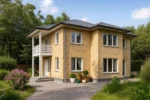Проект дома «Б-185» из СИП-панелей, 185 м² — двухэтажный дом с жёлтым фасадом, серой крышей и балконом | HotWell.KZ
