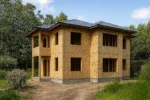 Дом «Б-185», 185 м², 2 этажа, в черновой отделке: коробка из СИП-панелей OSB-3, вальмовая кровля из металлочерепицы, проёмы без окон и дверей, в проёмах видны сосновые балки перекрытия