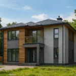 Проект дома «Б-187» из СИП-панелей, 187 м² — двухэтажный дом с серым фасадом, черной крышей и балконом | HotWell.KZ