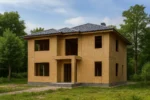 Дом «Б-187», 187 м², 2 этажа, в черновой отделке: коробка из СИП-панелей OSB-3, вальмовая кровля из металлочерепицы, проёмы без окон и дверей, в проёмах видны сосновые балки перекрытия