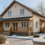 Проект дома «Б-187Б» из СИП-панелей, 187 м² — двухэтажный дом с бежевым фасадом, серой крышей и террасой | HotWell.KZ