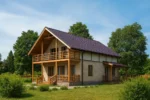 Проект дома «Б-206» из СИП-панелей, 206 м² — двухэтажный дом с бежевым фасадом, коричневой крышей и балконом | HotWell.KZ