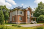 Проект дома «Б-211» из СИП-панелей, 211 м² — двухэтажный дом с кирпичным фасадом, серой крышей и крыльцом | HotWell.KZ