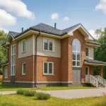 Проект дома «Б-211» из СИП-панелей, 211 м² — двухэтажный дом с кирпичным фасадом, серой крышей и крыльцом | HotWell.KZ