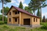 Дом «Б-213Б», 213 м², 1.5 этажа, в черновой отделке: коробка из СИП-панелей OSB-3, двускатная кровля из металлочерепицы, проёмы без окон и дверей, в проёмах видны сосновые балки перекрытия