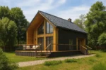 Проект дома «Б-217» из СИП-панелей, 217 м² — двухэтажный дом с черной крышей, деревянным фасадом и террасой | HotWell.KZ