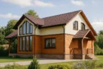 Проект дома «Б-220Б» из СИП-панелей, 220 м² — двухэтажный дом с деревянным фасадом, коричневой крышей и террасой | HotWell.KZ