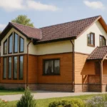 Проект дома «Б-220Б» из СИП-панелей, 220 м² — двухэтажный дом с деревянным фасадом, коричневой крышей и террасой | HotWell.KZ