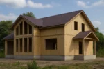 Дом «Б-220Б», 220 м², 1,5 этажа, в черновой отделке: коробка из СИП-панелей OSB-3, двускатная кровля из металлочерепицы, проёмы без окон и дверей, в проёмах видны сосновые балки перекрытия