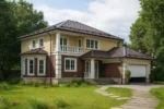 Проект дома «Б-223» из СИП-панелей, 223 м² — двухэтажный дом с бежевым фасадом, коричневой крышей и гаражом | HotWell.KZ