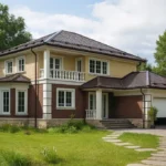 Проект дома «Б-223» из СИП-панелей, 223 м² — двухэтажный дом с бежевым фасадом, коричневой крышей и гаражом | HotWell.KZ