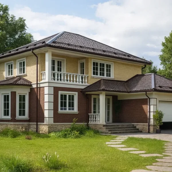 Проект дома «Б-223» из СИП-панелей, 223 м² — двухэтажный дом с бежевым фасадом, коричневой крышей и гаражом | HotWell.KZ