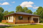 Проект дома «Б-243» из СИП-панелей, 243 м² — одноэтажный дом с бежевым фасадом, черной крышей и террасой | HotWell.KZ