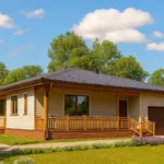 Проект дома «Б-243» из СИП-панелей, 243 м² — одноэтажный дом с бежевым фасадом, черной крышей и террасой | HotWell.KZ