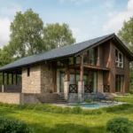 Проект дома «Б-283» из СИП-панелей, 283 м² — двухэтажный дом с каменным фасадом, серой крышей и террасой | HotWell.KZ