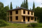 Дом «Б-287», 287 м², 2 этажа, в черновой отделке: коробка из СИП-панелей OSB-3, вальмовая кровля из металлочерепицы, проёмы без окон и дверей, в проёмах видны сосновые балки перекрытия