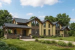 Проект дома «Б-289» из СИП-панелей, 289 м² — двухэтажный дом с жёлтым фасадом, серой крышей и террасой | HotWell.KZ