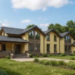 Проект дома «Б-289» из СИП-панелей, 289 м² — двухэтажный дом с жёлтым фасадом, серой крышей и террасой | HotWell.KZ