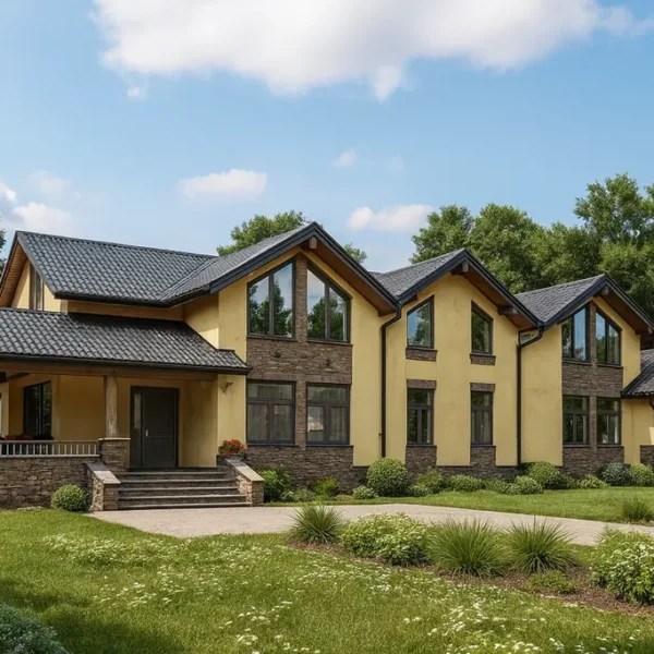 Проект дома «Б-289» из СИП-панелей, 289 м² — двухэтажный дом с жёлтым фасадом, серой крышей и террасой | HotWell.KZ