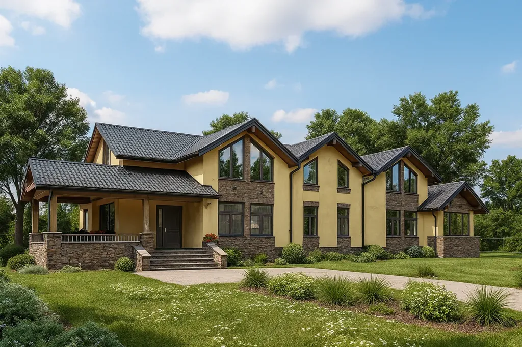 Проект дома «Б-289» из СИП-панелей, 289 м² — двухэтажный дом с жёлтым фасадом, серой крышей и террасой | HotWell.KZ