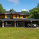 Проект дома «Б-315» из СИП-панелей, 315 м² — двухэтажный дом с коричневым фасадом, черной крышей и навесом для машины | HotWell.KZ