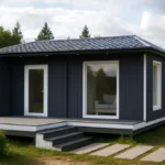 Проект дома «Б-40» из СИП-панелей, 40 м² — одноэтажный дом с тёмно-синим фасадом, серой крышей и террасой | HotWell.KZ