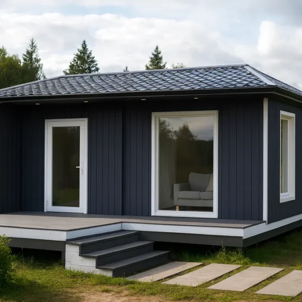 Проект дома «Б-40» из СИП-панелей, 40 м² — одноэтажный дом с тёмно-синим фасадом, серой крышей и террасой | HotWell.KZ