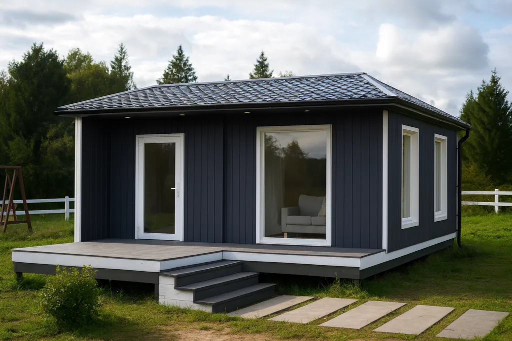 Проект дома «Б-40» из СИП-панелей, 40 м² — одноэтажный дом с тёмно-синим фасадом, серой крышей и террасой | HotWell.KZ