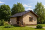 Проект дома «Б-43Б» из СИП-панелей, 43 м² — одноэтажный дом с бежевым фасадом, темной крышей и крыльцом | HotWell.KZ