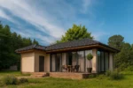 Проект дома «Б-47» из СИП-панелей, 47 м² — одноэтажный дом с бежевым фасадом, черной крышей и террасой | HotWell.KZ