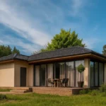Проект дома «Б-47» из СИП-панелей, 47 м² — одноэтажный дом с бежевым фасадом, черной крышей и террасой | HotWell.KZ