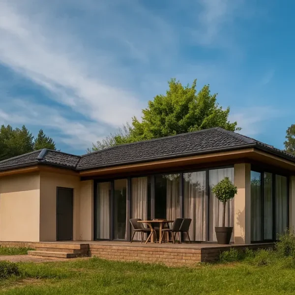 Проект дома «Б-47» из СИП-панелей, 47 м² — одноэтажный дом с бежевым фасадом, черной крышей и террасой | HotWell.KZ