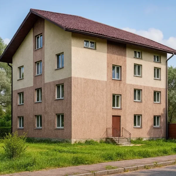 Проект дома «Б-655» из СИП-панелей, 655 м² — четырехэтажный дом с бежевым и коричневым фасадом и коричневой крышей | HotWell.KZ