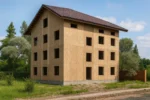 Дом «Б-655», 655 м², 2,5 и более, в черновой отделке: коробка из СИП-панелей OSB-3, двускатная кровля из металлочерепицы, проёмы без окон и дверей, в проёмах видны сосновые балки перекрытия