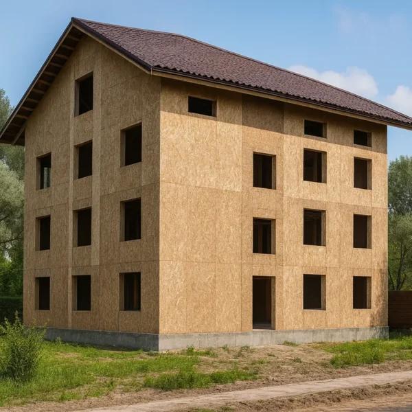 Дом «Б-655», 655 м², 2,5 и более, в черновой отделке: коробка из СИП-панелей OSB-3, двускатная кровля из металлочерепицы, проёмы без окон и дверей, в проёмах видны сосновые балки перекрытия