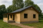 Дом «Б-75», 75 м², 1 этаж, в черновой отделке: коробка из СИП-панелей OSB-3, двускатная кровля из металлочерепицы, проёмы без окон и дверей