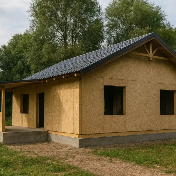 Дом «Б-75», 75 м², 1 этаж, в черновой отделке: коробка из СИП-панелей OSB-3, двускатная кровля из металлочерепицы, проёмы без окон и дверей