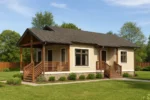 Проект дома «Б-79» из СИП-панелей, 79 м² — одноэтажный дом с бежевым фасадом, темной крышей и крытой террасой | HotWell.KZ