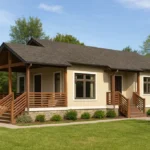 Проект дома «Б-79» из СИП-панелей, 79 м² — одноэтажный дом с бежевым фасадом, темной крышей и крытой террасой | HotWell.KZ