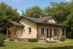 Проект дома «Б-81» из СИП-панелей, 81 м² — одноэтажный дом с бежевым фасадом, серой крышей и террасой | HotWell.KZ