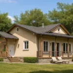 Проект дома «Б-81» из СИП-панелей, 81 м² — одноэтажный дом с бежевым фасадом, серой крышей и террасой | HotWell.KZ