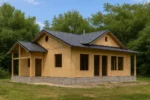 Дом «Б-81», 81 м², 1 этаж, в черновой отделке: коробка из СИП-панелей OSB-3, двускатная кровля из металлочерепицы, проёмы без окон и дверей