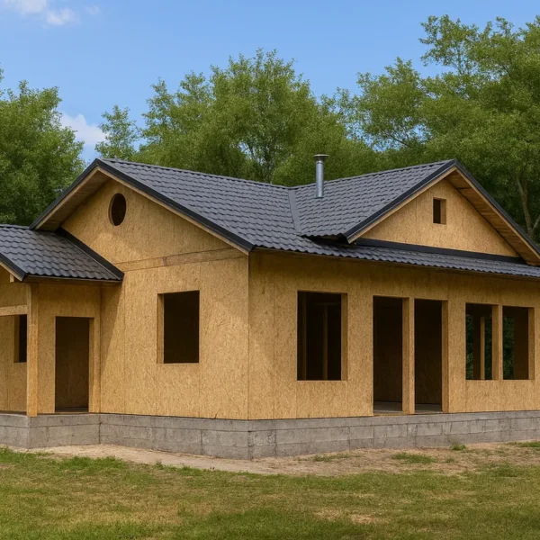 Дом «Б-81», 81 м², 1 этаж, в черновой отделке: коробка из СИП-панелей OSB-3, двускатная кровля из металлочерепицы, проёмы без окон и дверей