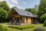 Проект дома «Б-81Б» из СИП-панелей, 81 м² — одноэтажный дом с деревянным фасадом, серой крышей и террасой | HotWell.KZ
