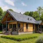 Проект дома «Б-81Б» из СИП-панелей, 81 м² — одноэтажный дом с деревянным фасадом, серой крышей и террасой | HotWell.KZ