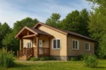Проект дома «Б-82» из СИП-панелей, 82 м² — одноэтажный дом с бежевым фасадом, коричневой крышей и крытым крыльцом | HotWell.KZ