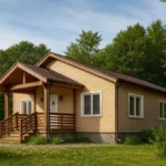 Проект дома «Б-82» из СИП-панелей, 82 м² — одноэтажный дом с бежевым фасадом, коричневой крышей и крытым крыльцом | HotWell.KZ