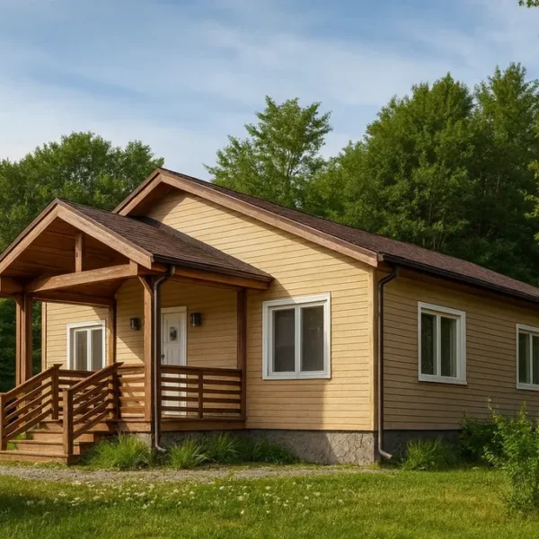Проект дома «Б-82» из СИП-панелей, 82 м² — одноэтажный дом с бежевым фасадом, коричневой крышей и крытым крыльцом | HotWell.KZ